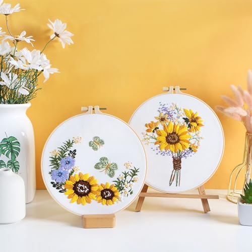 GLTAYLMY 3 Sets Embroidery Starter Kit with Pattern and Instructions, Cross Stitch Set, Stamped Embroidery Kits with 3 Embroidery Clothes with Pattern, 1 Embroidery Hoop(Sunflower) - Image 5