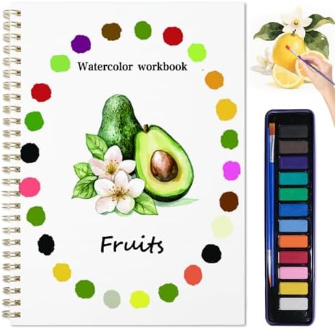 Beginner Watercolor Painting Kit Watercolor Workbook Coloring Book 12 Colors Paint Set with Brush, Easily Master Beginner Friendly Watercolor Paint Set Gift for Adults Teens. (Fruit) by DPWCVMProvideQualityProduce