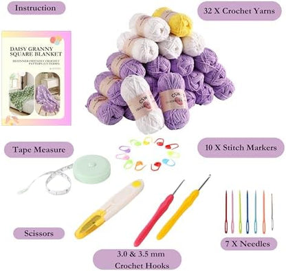 CSWCS Crochet Blanket Kit for Beginner, Purple Daisy Granny Square Throw Kit for Adults, Easy Learn How to Knitting with Yarn & Hook, Complete Starter Set with Step-by-Step Instructions (47'' x 39'') - Image 4