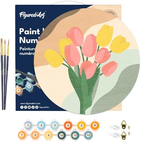 Figured'Art Paint by Numbers Kit for Adults on Wood Slice, 11.8in Diameter - Bouquet of Tulips - Craft Art Painting DIY Canvas - Image 7