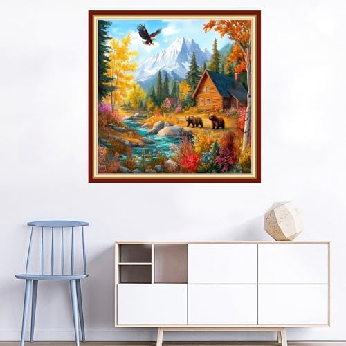 Joyhoor Cross Stitch Kits for Beginners Stamped Cross-Stitch Supplies Needlework preprint Embroidery Kits for Adults DIY Needlepoint Kits Embroidery Patterns 11CT-Brown Bear Landscape 18x18 inchs - Image 2
