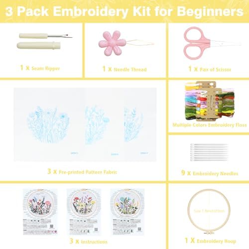 RidaaFri Embroidery Kit for Beginners, Set of 3 Flower Pattern Practice Kit - Image 3