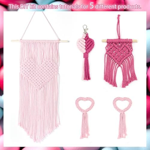 BUFANTL DIY Macrame Heart Kit for Beginners, 5-Piece Starter Set with 2 Wall Hangings, 1 Keychain & 2 Napkin Rings, Boho Weaving Craft Kit for Adults - Image 4