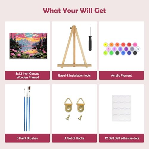 MOGTAA Landscape Paint by Numbers Kit for Adults Beginners with Frame, Flowers Lake Adult Paint by Number Kits on Canvas with Easel, Easy DIY Sunset Oil Painting Kits for Home Decor, 8x12in - Image 5