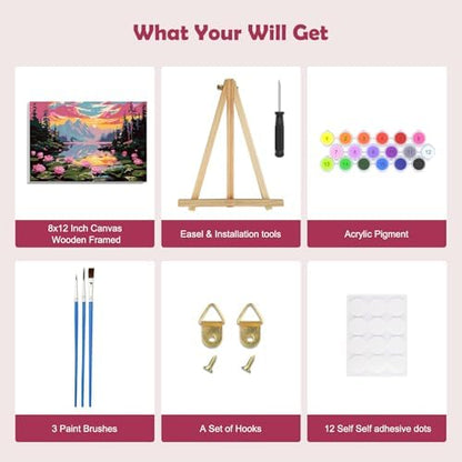 MOGTAA Landscape Paint by Numbers Kit for Adults Beginners with Frame, Flowers Lake Adult Paint by Number Kits on Canvas with Easel, Easy DIY Sunset Oil Painting Kits for Home Decor, 8x12in - Image 5