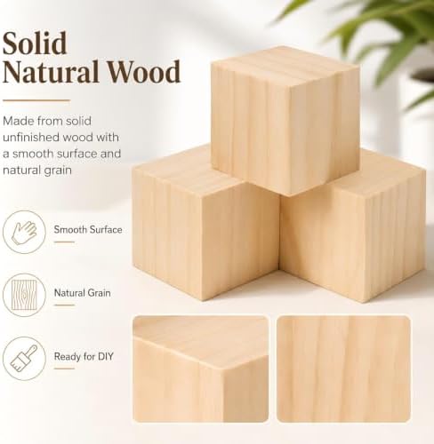 3 Pack Unfinished Wood Blocks, 3 Inch Solid Wood Cubes for Crafts - Image 3