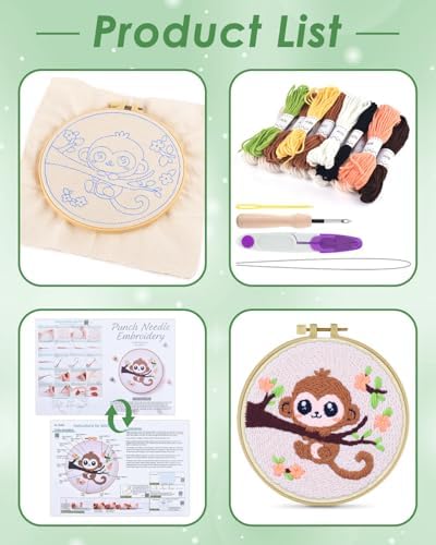 ERKOON Punch Needle Kit for Beginners Adults, DIY Easy Animals Embroidery Set for Starter Art Craft, Needling Punch Project with Patterns, Tools, Yarns, Hoop, Instruction (Monkey) - Image 2