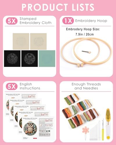 TINDTOP 5 Pack Embroidery Kit for Adult, Embroidery DIY Starter Kit, with Stamped Patterns, Hoop, Tools, Colorful Threads with Needles, Instructions - Image 2