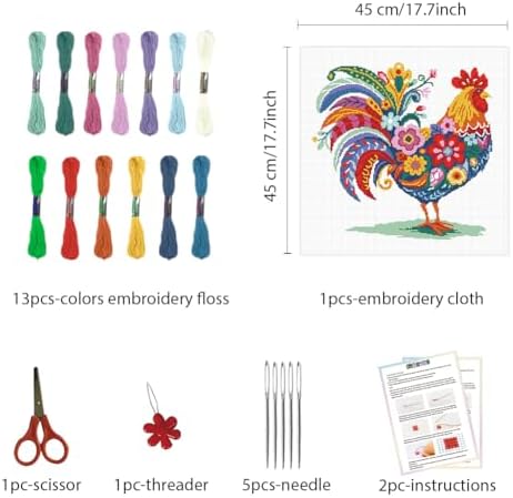 FREEBLOSS 11CT Stamped Cross Stitch Kit for Adults Beginners with Instructions Chicken and Flower Pattern Cross Stitch Kit Embroidery Wall Art Decoration No Frame 17x17in/45x45cm - Image 2