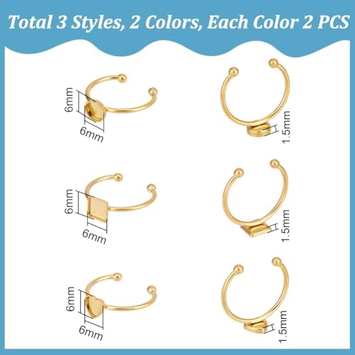 UNICRAFTALE 12Pcs 3 Styles 304 Stainless Steel Blank Dome Finger Rings 2 Colors Round Flat Pad Ring Components Open Cuff Bezel Trays Fit Ring for Jewelry Making Tray 6mm - Image 3