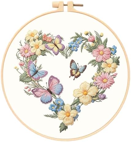 WUSARPLY Heart Floral Embroidery Kits for Beginners with Butterfly Pattern by WUSARPLY