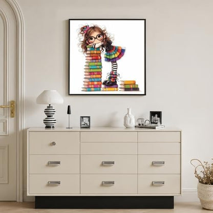 Cute Woman with Books Stamped Cross Stitch Kits for Beginner 13.7x13.7 Inch - Image 2