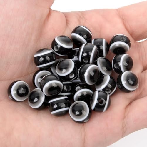 200pcs Sphere Round Evil Eye Beads Handmade Resin Lampwork Beads 8mm Charms Spacer Bead with Elastic Rope for Bracelets Necklace Jewelry Craft Making (Sphere Round-Black) by LUBINGSHINE