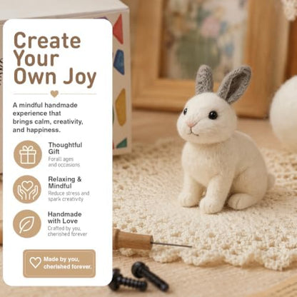 FACE N FACE DIY Needle Felting Kit Realistic White Rabbit Tan Ears – Needle Felting Starter Kit with Fiber Roving, Needles, Felting Pad & Instructions | Felted Rabbit Animal Kit for Beginners Adults - Image 2