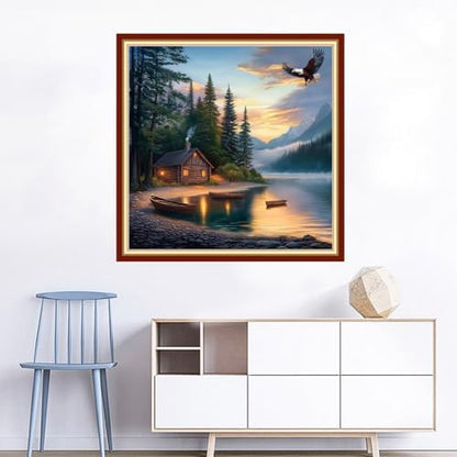 Joyhoor Cross Stitch Kits for Beginners Stamped Cross-Stitch Supplies Needlework preprint Embroidery Kits for Adults DIY Needlepoint Kits Embroidery Patterns 11CT-Small Boat by the Lake 18x18 inchs - Image 2