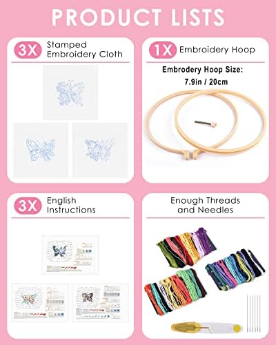 TINDTOP 3 Sets Embroidery Stitch Practice kit, Butterfly Flower Embroidery Kit for Beginners Include Cloth Hoops Threads for Craft Lover Hand Stitch with Embroidery Skill Techniques - Image 2