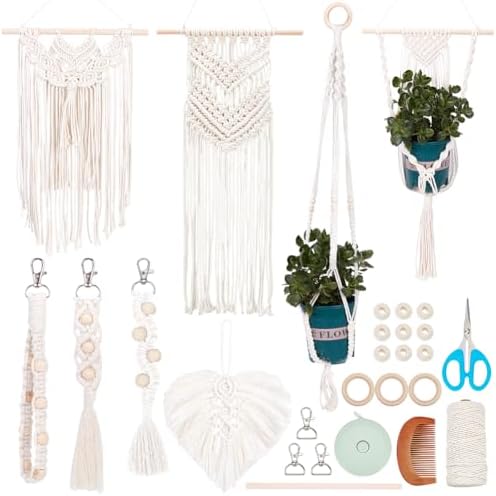 INFUNLY 8 in 1 DIY Macrame Kit All in One Macrame Kits for Adults Beginners White Macrame Wall Hanging Ornaments for Decoration Easy Macrame Keychain Kits Macrame Plant Hanger Kit with Instruction by INFUNLY