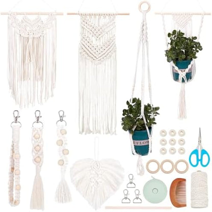 INFUNLY 8 in 1 DIY Macrame Kit All in One Macrame Kits for Adults Beginners White Macrame Wall Hanging Ornaments for Decoration Easy Macrame Keychain Kits Macrame Plant Hanger Kit with Instruction by INFUNLY