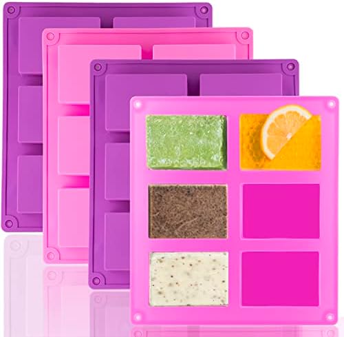 Lerykin 4 Pack Silicone Soap Molds, 6 Cavities Rectangle Silicone Soap Mold, Great for Homemade Craft Soap Bar Mold, DIY Chocolate Molds, Cake Molds & Ice Cube Trays - Just Pop Out (Purple & Pink) by Lerykin