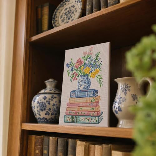 Vintage Floral Book Stack Stamped Cross Stitch Kits for Beginners Adults - Image 3