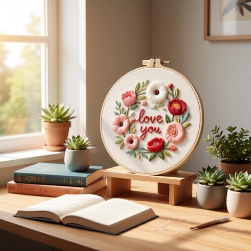 JJFox Embroidery Kit for Beginners and Adults, DIY Hand Embroidery Starter Kit with Cute Pattern, Cross Stitch Needlepoint Set with Hoop, Threads and Instructions (Love You) - Image 2