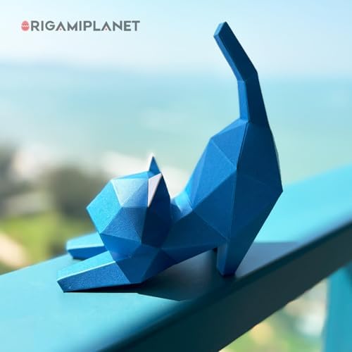 3D Origami Paper Craft Kit, Yoga Kitten Cute DIY Pre-Cut Animal Papercraft Model for Beginners, Fun Handmade Home Decoration Gift for Adults & Teens-Blue - Image 2