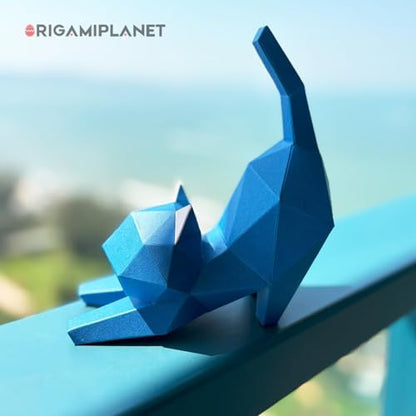 3D Origami Paper Craft Kit, Yoga Kitten Cute DIY Pre-Cut Animal Papercraft Model for Beginners, Fun Handmade Home Decoration Gift for Adults & Teens-Blue - Image 2