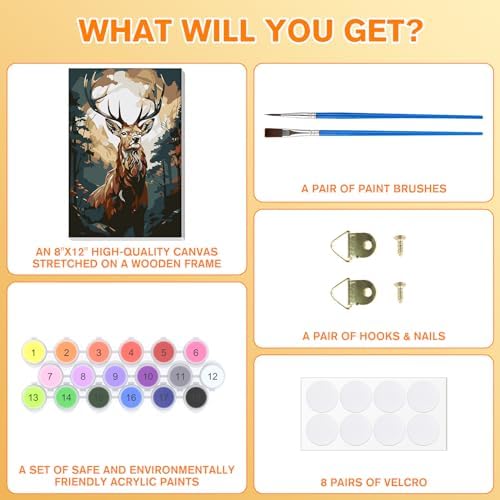 Bowetile Deer Paint by Numbers for Adults Framed, Adults' Paint-by-Number Kits, DIY Adult Paint by Number Kits on Canvas, Animals Acrylic Number Painting for Home Decor, 8x12in - Image 5