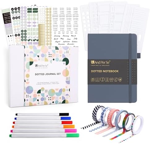 &And Per Se Dotted Journal Kit, A5 Hardcover Dot Grid Journal Notebook Set for Beginners with Journaling Supplies Stencils, Stickers, Washi Tapes & Colored Pens Accessories (Dark Blue) by AndPerSe