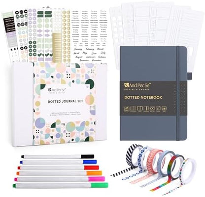 &And Per Se Dotted Journal Kit, A5 Hardcover Dot Grid Journal Notebook Set for Beginners with Journaling Supplies Stencils, Stickers, Washi Tapes & Colored Pens Accessories (Dark Blue) by AndPerSe