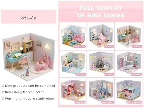 Kisoy Dollhouse Miniature with Furniture Kit, DIY 3D Wooden DIY House Kit A Corner of a Small Apartment Style with Dust Cover & LED,Handmade Tiny House Toys for Kids Adults Gift (Study Room) - Image 6