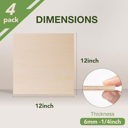 Rowood 4 Pack Maple Plywood 1/4,12x12x1/4inch,6mm Thick Unfinished Wood for Laser Cutting and Engraving,DIY Ornaments,Wood Burning,Models Drawing - Image 2