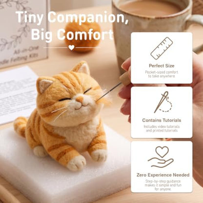 DIY Needle Felting Kit Cute Smiling Orange Tabby Cat – Needle Felting Starter Kit with Fiber Roving, Needles, Felting Pad & Instructions | Felted Cat Kit for Beginners Adults | DIY Craft Gift - Image 5