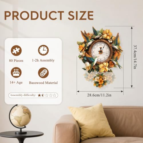 3D Puzzles for Adults Wooden Hummingbird Puzzle Clock Adult Crafts - Image 3