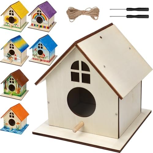 6 Pack Wooden DIY Birdhouse Kit for Kids Adults, Thickened Double-Layer Wood with Screwdrivers, Nails, Ropes, Easy Build & Paint Arts and Crafts Set for Backyard Garden Bird Watching by Entallor