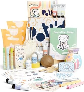 Pott'd Deluxe Edition Air Dry Clay at-Home Pottery Kit for Beginners Including Tools, Paints, Brushes, Varnish Seal, Instruction and Inspo Guide, Paint Pens, Pottery Stamps by Pottd