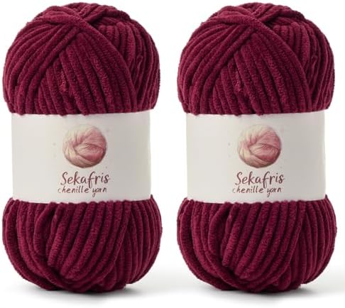 Chenille Yarn for Crocheting Size 5 Bulky Yarn 2 Pack Burgundy by Sekafris
