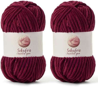 Chenille Yarn for Crocheting Size 5 Bulky Yarn 2 Pack Burgundy by Sekafris