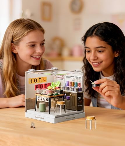Hotpot Shop Miniature House Kit, Plastic DIY Dollhouse with Hot Pot Table & Sauce Station, Stackable Transparent Dust Cover, Creative Desktop Decor for Adults Teens - Image 5