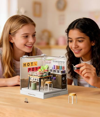 Hotpot Shop Miniature House Kit, Plastic DIY Dollhouse with Hot Pot Table & Sauce Station, Stackable Transparent Dust Cover, Creative Desktop Decor for Adults Teens - Image 5