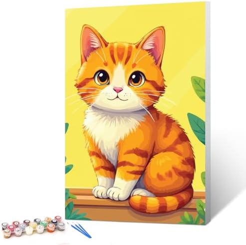 Ginkko Paint by Numbers Kit for Adults Beginner & Kids Ages 8-12 with Wooden Frame Easy Acrylic on Canvas 8x12 inch with Paints and Brushes, Ginger cat(Include Framed) by Ginkko