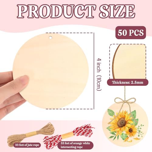 FSWCCK 50 Pcs 4in Wood Circles with Holes & Ropes, Unfinished Discs for DIY - Image 2