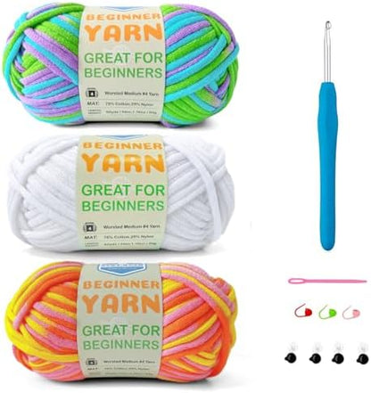 3 * 50g/1.76oz Yarn for Crocheting and Knitting, 3 * 60yds Beginner Yarn with Easy-to-See Stitches; Worsted-Weight Medium #4;Amigurumi-Friendly Crochet Kit (Dawn+Ocean+White) by SIXLAMB