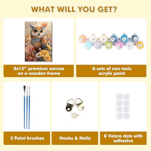 Bowetile Paint by Numbers Owl Kit for Adults, Framed Painting by Numbers Animal, Adults' Paint-by-Number Kits on Canvas, Acrylic Flower Number Painting Gifts for Home Wall Decor, 8x12in - Image 6