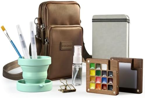 Mini Watercolor Paint Set, Travel Painting Kit with Walnut Wood Palette 15-Color, Crossbody Bag, Watercolor Journal, Metal Clip, Water Cup, Water Brush, for Artists, Beginners & Adults, Brown by Osctor