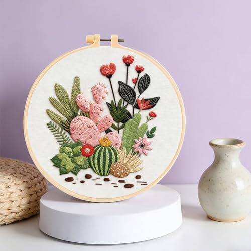 FREEBLOSS 6 Sets Embroidery Kit for Beginners Needlepoint Embroidery Starter Kit with Cactus Stamped Patterns, Instructions, Colored Threads, 2 Hoops 11.6"/29.5cm - Image 3