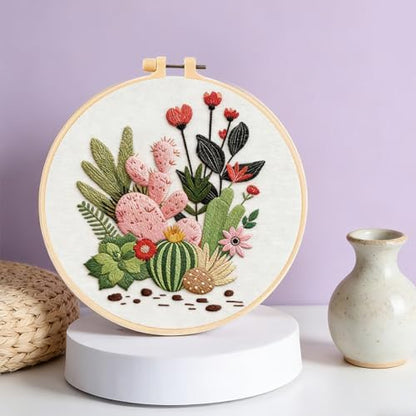 FREEBLOSS 6 Sets Embroidery Kit for Beginners Needlepoint Embroidery Starter Kit with Cactus Stamped Patterns, Instructions, Colored Threads, 2 Hoops 11.6"/29.5cm - Image 3