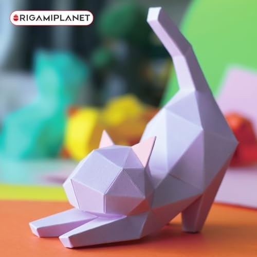 3D Origami Paper Craft Kit, Yoga Kitten Cute DIY Pre-Cut Animal Papercraft Model for Beginners, Fun Handmade Home Decoration Gift for Adults & Teens-Purple - Image 3
