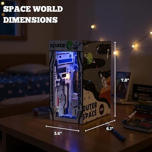 Space World Book Nook Kit, Astronaut 90-Piece DIY Miniature LED Doll House, 3D Wooden Puzzle BookNook Kit for Adults, Tiny Home Model Building Kit for Book Lovers & Beginners, Bookshelf Decor - Image 4