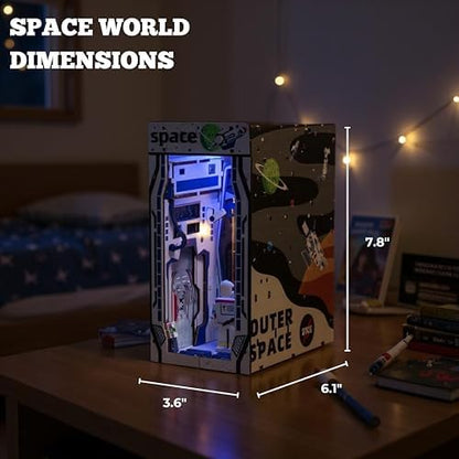 Space World Book Nook Kit, Astronaut 90-Piece DIY Miniature LED Doll House, 3D Wooden Puzzle BookNook Kit for Adults, Tiny Home Model Building Kit for Book Lovers & Beginners, Bookshelf Decor - Image 4